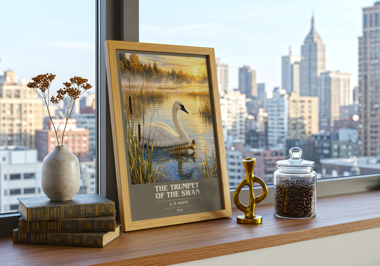 The Trumpet Of The Swan book cover print framed by window – literary home decor