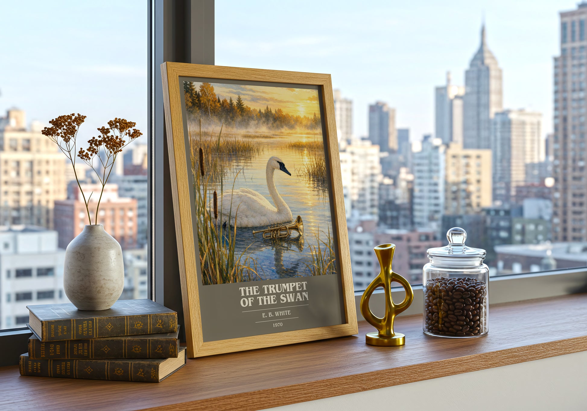The Trumpet Of The Swan book cover print framed by window – literary home decor