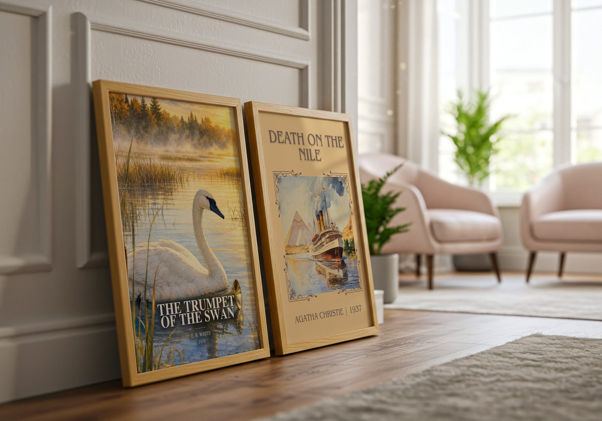 The Trumpet Of The Swan watercolour print framed by window – literary home decor