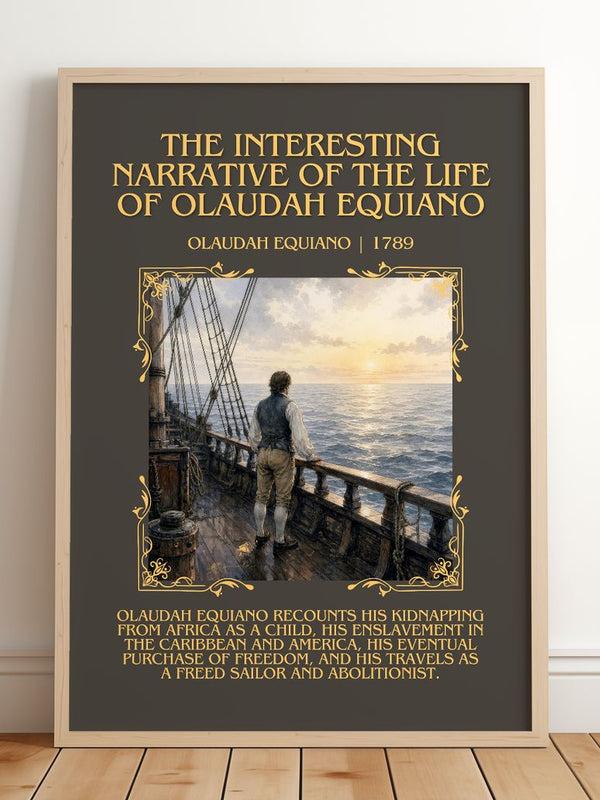 The Interesting Narrative of the Life of Olaudah Equiano Minimalist Book Poster by Olaudah Equiano – framed print leaning on a wooden floor