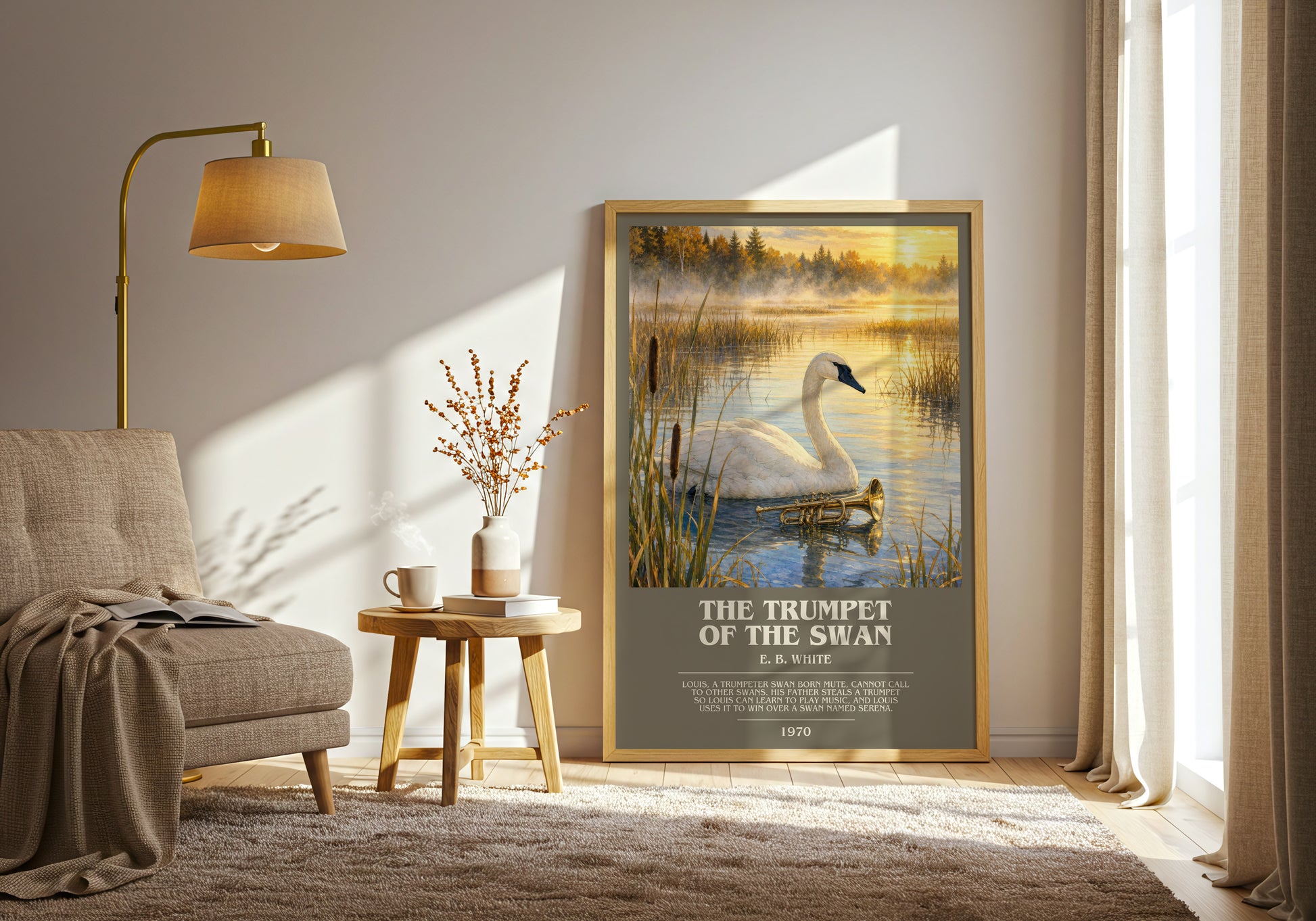 The Trumpet Of The Swan bookish print on bookshelf – E. B. White fan gift