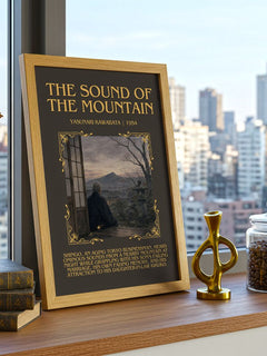 The Sound of the Mountain Minimalist Book Poster by Yasunari Kawabata – framed print on a city-view windowsill