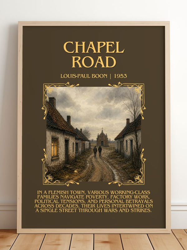Chapel Road Minimalist Book Poster by Louis-Paul Boon – framed print leaning on a wooden floor