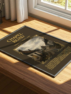 Chapel Road Minimalist Book Poster by Louis-Paul Boon – print on a sunlit desk