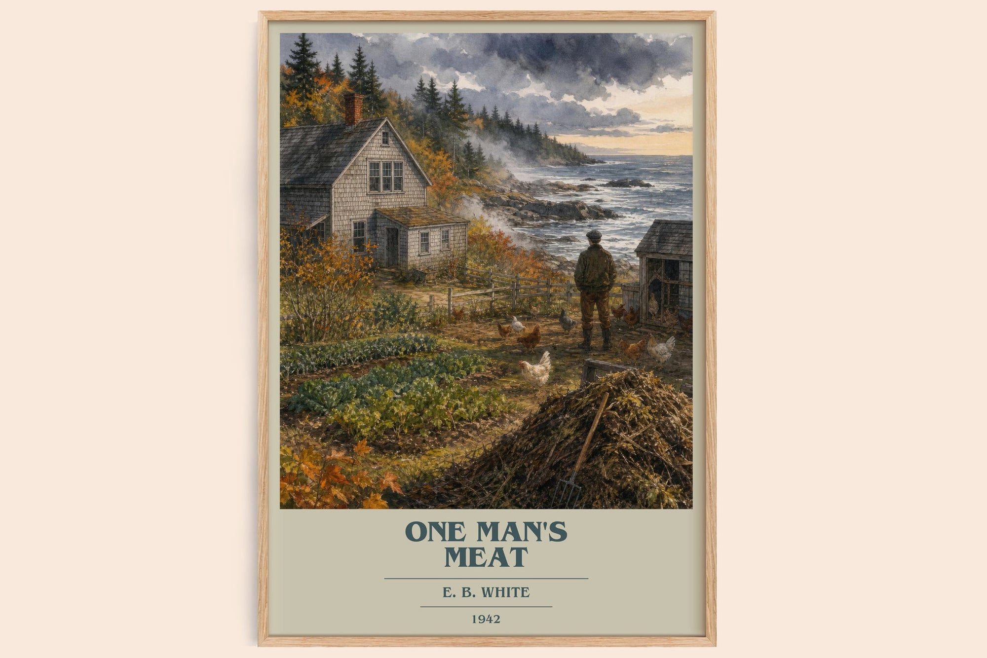 One Man'S Meat book cover book poster by E. B. White – framed literary art print