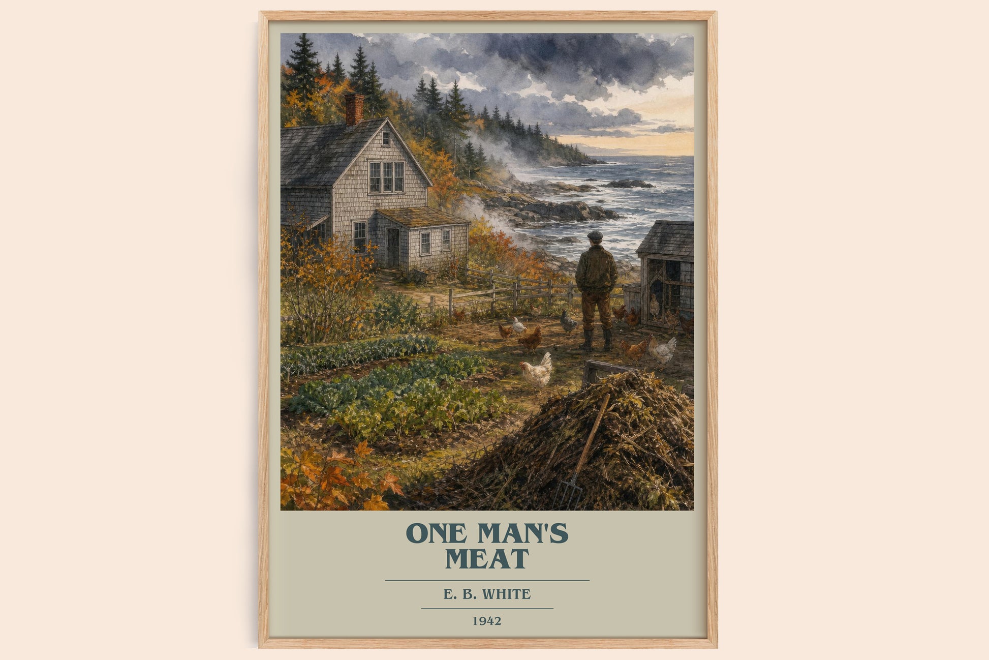 One Man'S Meat book cover book poster by E. B. White – framed literary art print