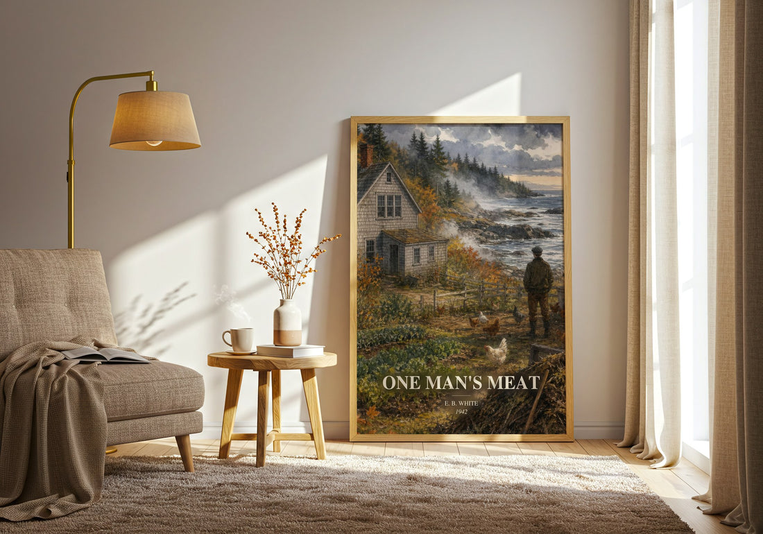 One Man'S Meat watercolour print in frame leaning in hallway – non fiction wall art (mockup)