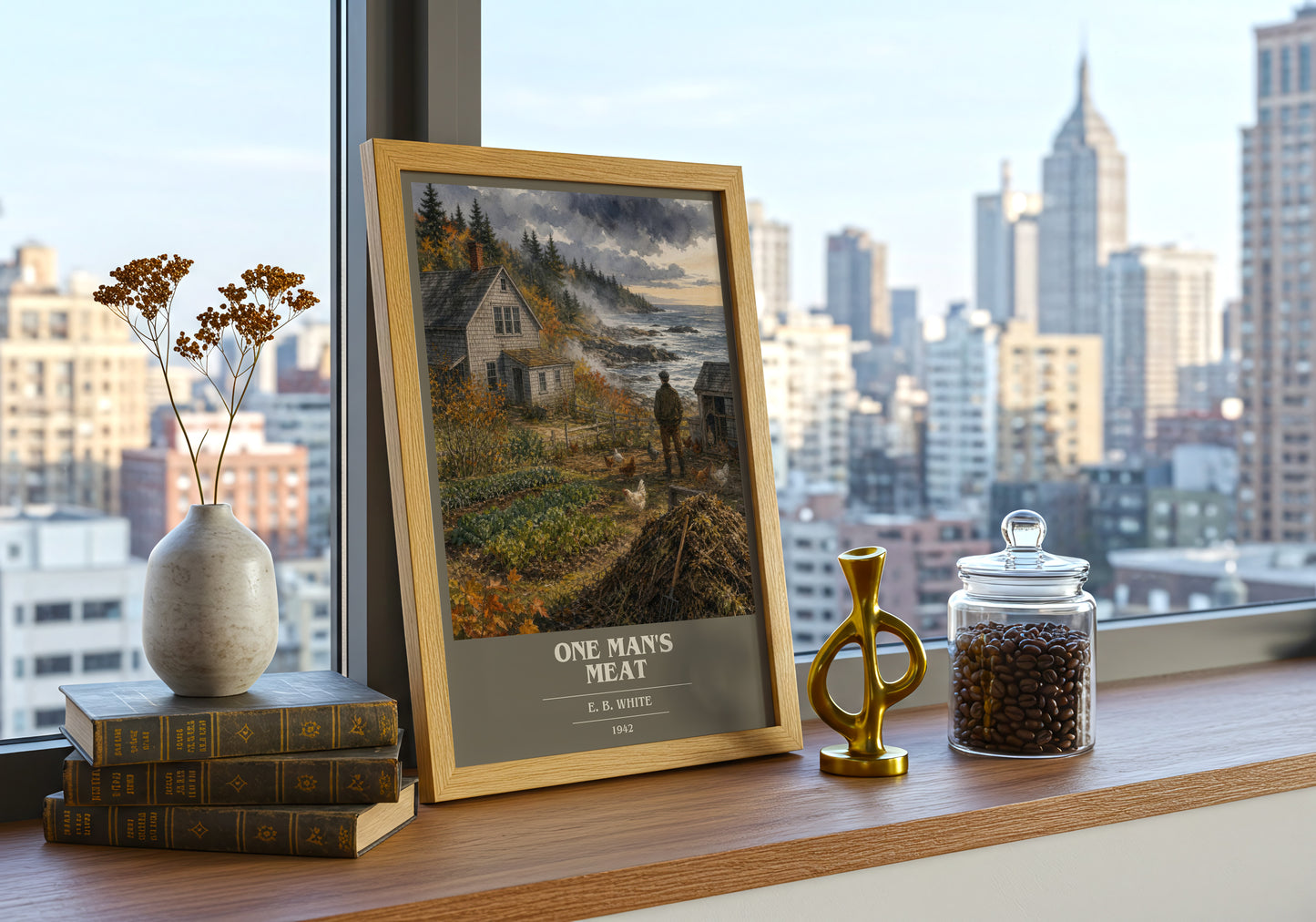 One Man'S Meat book cover print framed by window – literary home decor