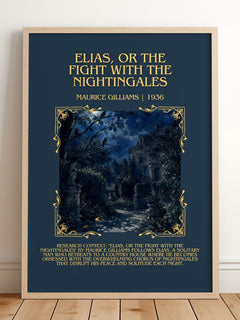 Elias, Or The Fight With The Nightingales Minimalist Book Poster by Maurice Gilliams – framed print leaning on a wooden floor