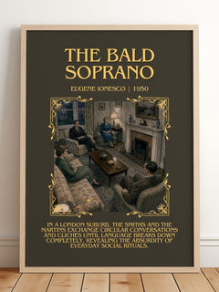 The Bald Soprano Minimalist Book Poster by Eugène Ionesco – framed print leaning on a wooden floor