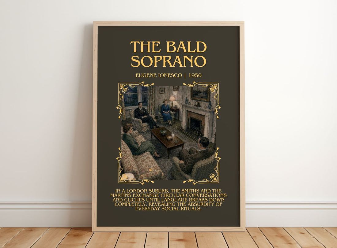 The Bald Soprano Minimalist Book Poster by Eugène Ionesco – framed print leaning on a wooden floor