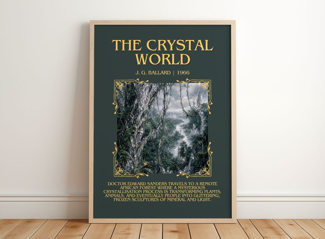 The Crystal World Minimalist Book Poster by J. G. Ballard – framed print leaning on a wooden floor