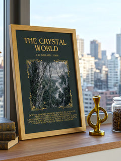 The Crystal World Minimalist Book Poster by J. G. Ballard – framed print on a city-view windowsill