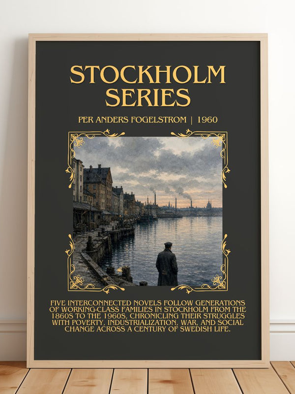 Stockholm series Minimalist Book Poster by Per Anders Fogelström – framed print leaning on a wooden floor