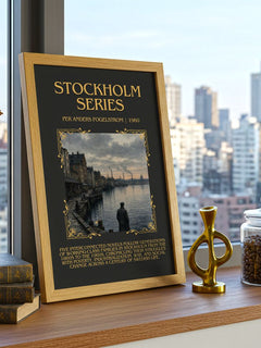 Stockholm series Minimalist Book Poster by Per Anders Fogelström – framed print on a city-view windowsill