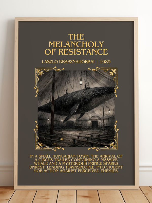 Melancholy of Resistance Minimalist Book Poster by L. Krasznahorkai – framed print leaning on a wooden floor