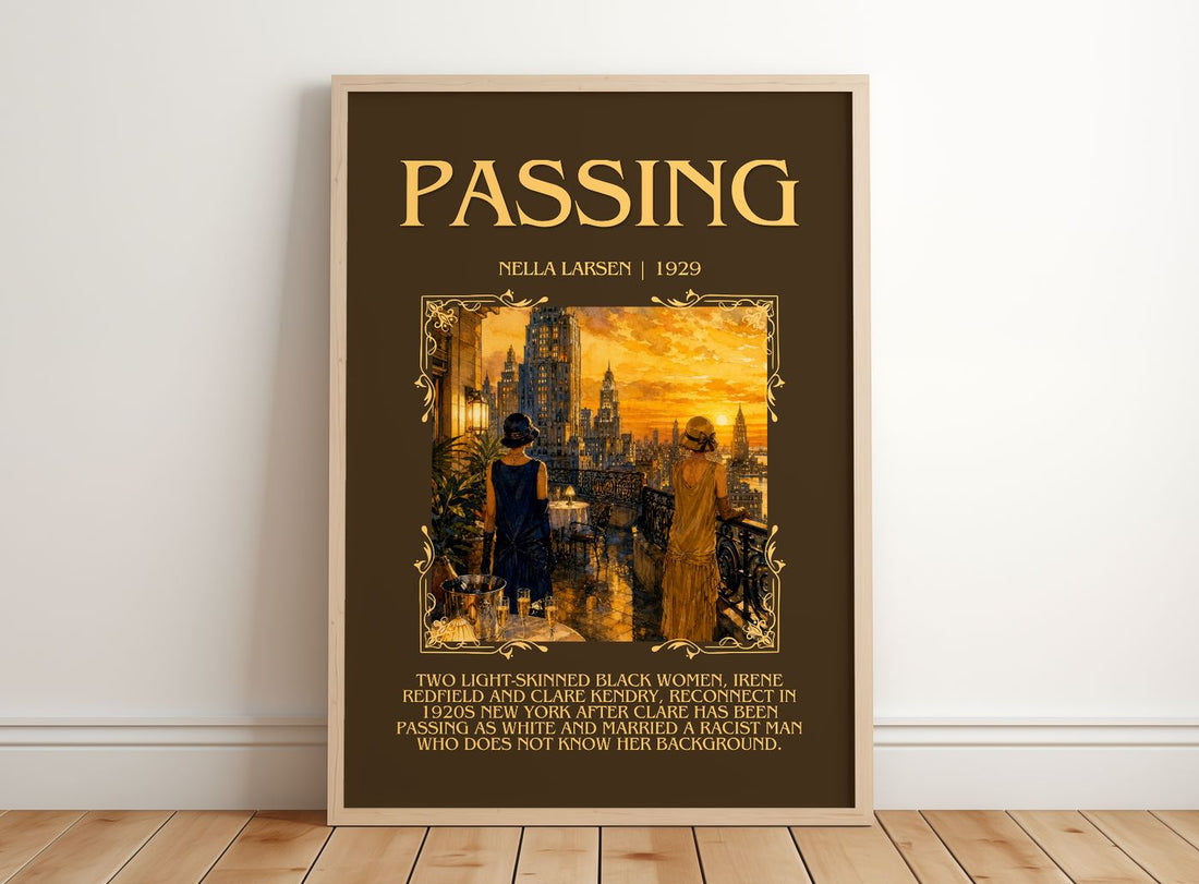 Passing Minimalist Book Poster by Nella Larsen – framed print leaning on a wooden floor