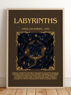 Labyrinths Minimalist Book Poster by Jorge Luis Borges – framed print leaning on a wooden floor