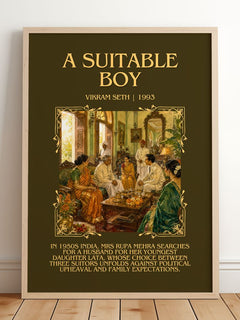 A Suitable Boy Minimalist Book Poster by Vikram Seth – framed print leaning on a wooden floor