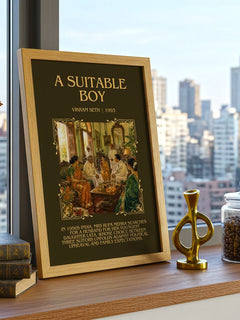 A Suitable Boy Minimalist Book Poster by Vikram Seth – framed print on a city-view windowsill