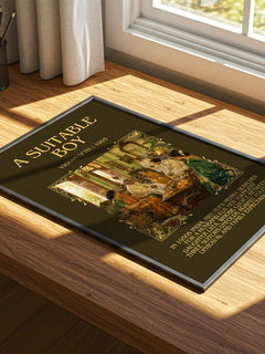 A Suitable Boy Minimalist Book Poster by Vikram Seth – print on a sunlit desk