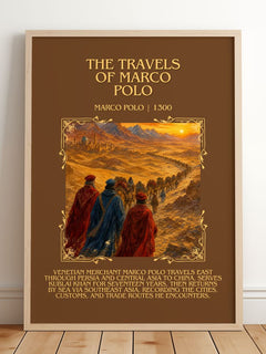 The Travels of Marco Polo Minimalist Book Poster by Marco Polo – framed print leaning on a wooden floor