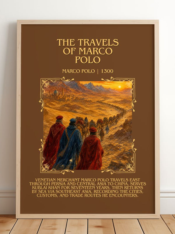 The Travels of Marco Polo Minimalist Book Poster by Marco Polo – framed print leaning on a wooden floor