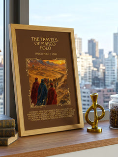 The Travels of Marco Polo Minimalist Book Poster by Marco Polo – framed print on a city-view windowsill