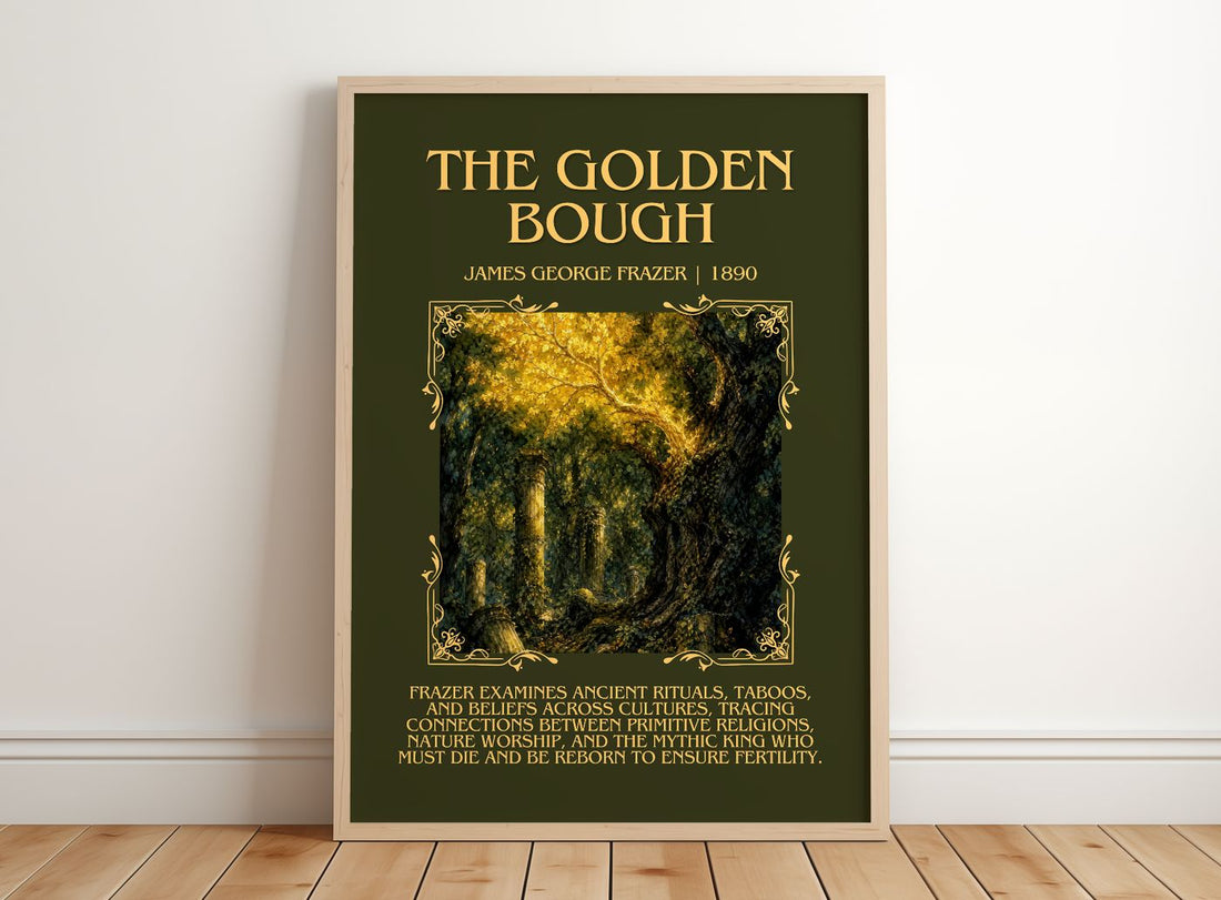 The Golden Bough Minimalist Book Poster by James George Frazer – framed print leaning on a wooden floor