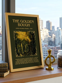 The Golden Bough Minimalist Book Poster by James George Frazer – framed print on a city-view windowsill