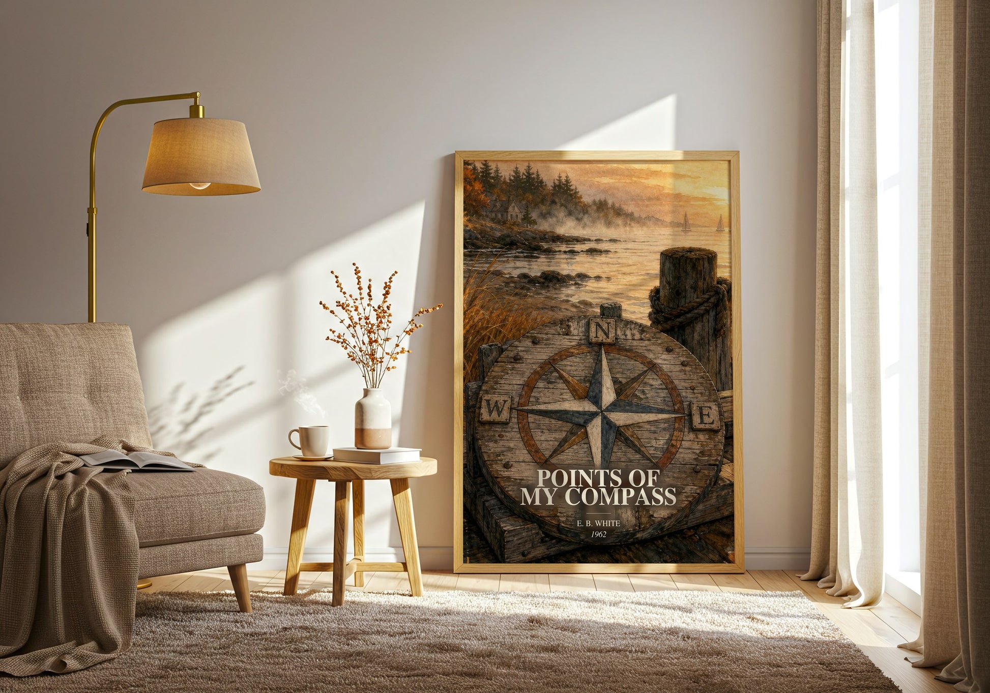 Points Of My Compass watercolour print in frame leaning in hallway – non fiction wall art
