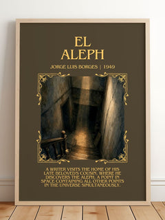 El Aleph Minimalist Book Poster by Jorge Luis Borges – framed print leaning on a wooden floor
