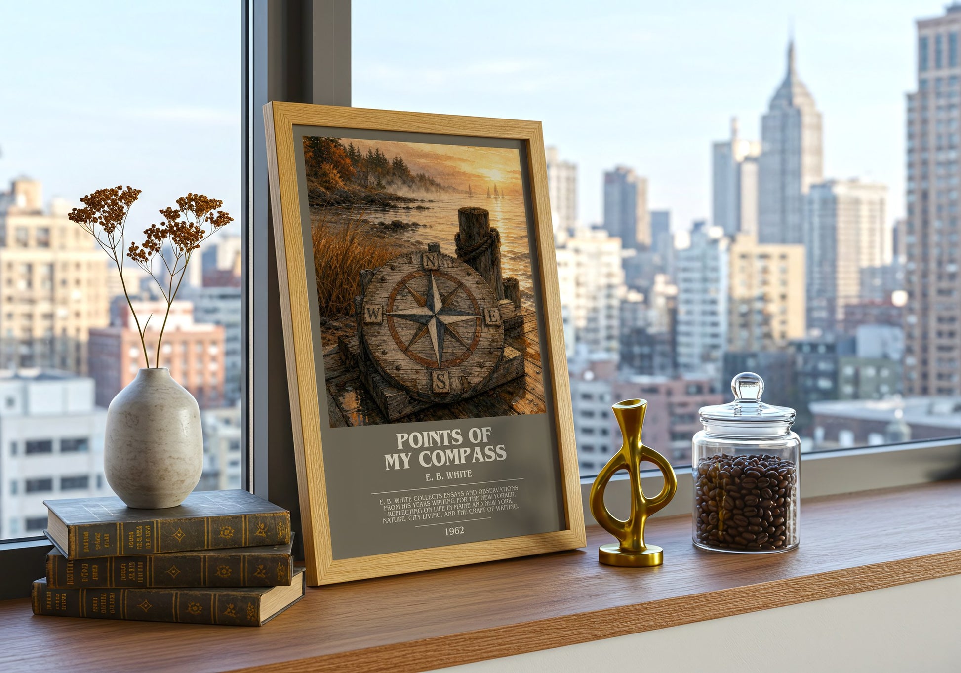 Points Of My Compass bookish print framed by window – literary home decor