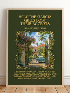 How the Garcia Girls Lost Their Accents Minimalist Book Poster by Julia Alvarez – framed print leaning on a wooden floor