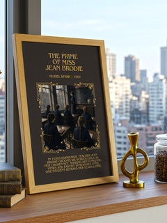 The Prime of Miss Jean Brodie Minimalist Book Poster by Muriel Spark – framed print on a city-view windowsill