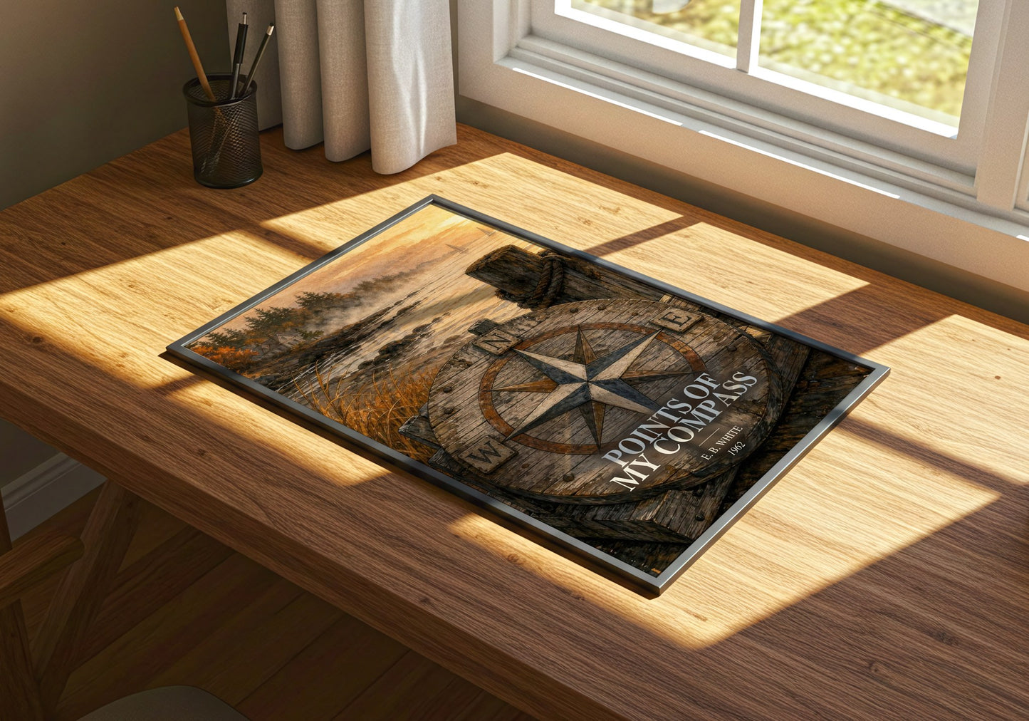 Points Of My Compass watercolour book poster framed on wall – non fiction wall art