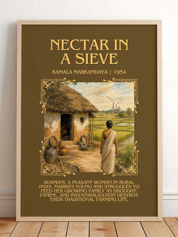 Nectar in a Sieve Minimalist Book Poster by Kamala Markandaya – framed print leaning on a wooden floor