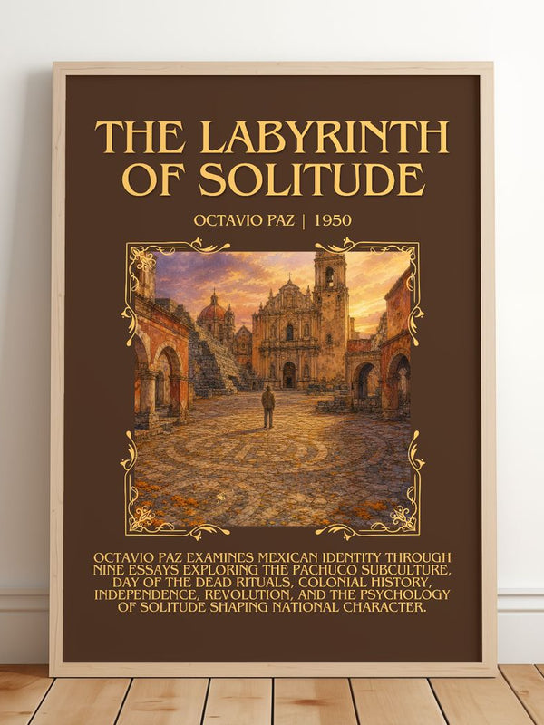 The Labyrinth of Solitude Minimalist Book Poster by Octavio Paz – framed print leaning on a wooden floor