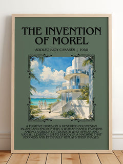 The Invention Of Morel Minimalist Book Poster by Adolfo Bioy Casares – framed print leaning on a wooden floor