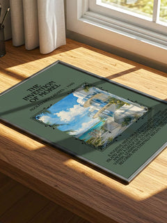The Invention Of Morel Minimalist Book Poster by Adolfo Bioy Casares – print on a sunlit desk