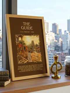 The Guide Minimalist Book Poster by R. K. Narayan – framed print on a city-view windowsill
