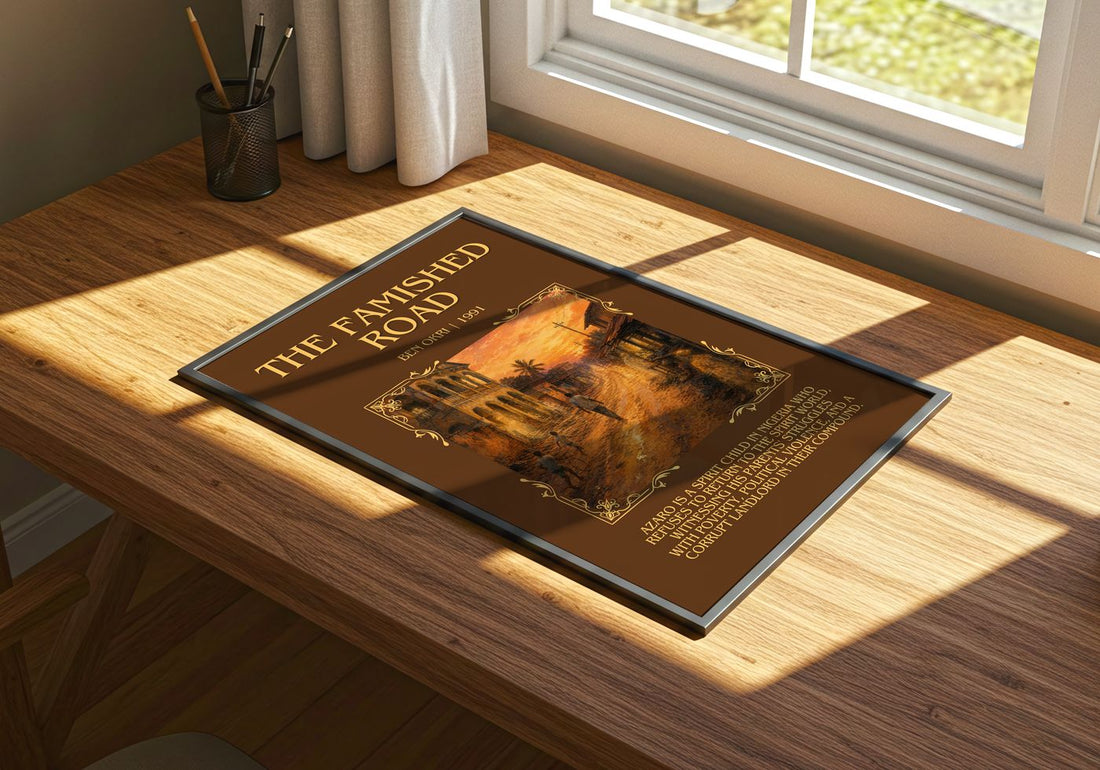 The Famished Road Minimalist Book Poster by Ben Okri – print on a sunlit desk