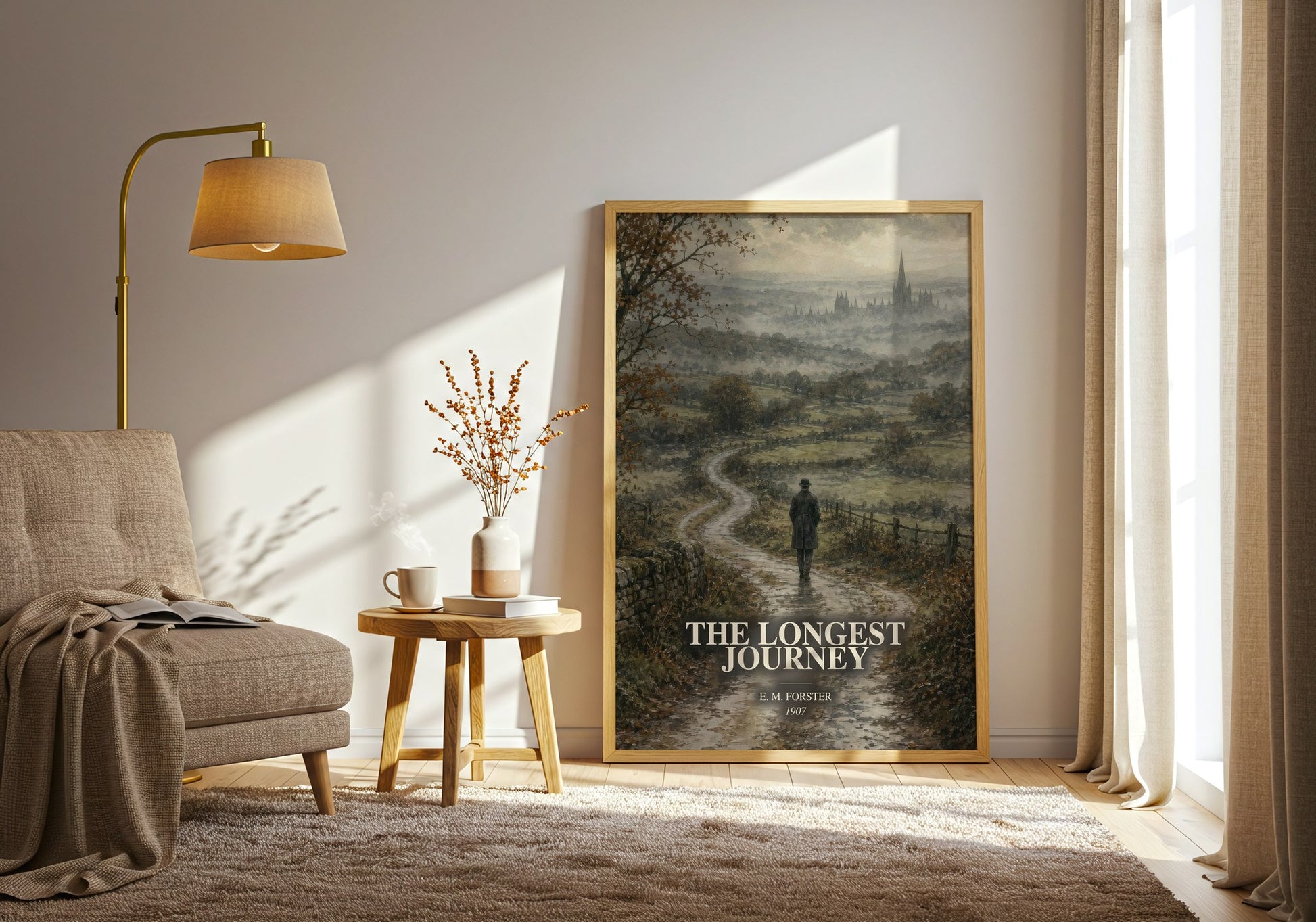 The Longest Journey watercolour print in frame leaning in hallway – classic literature wall art