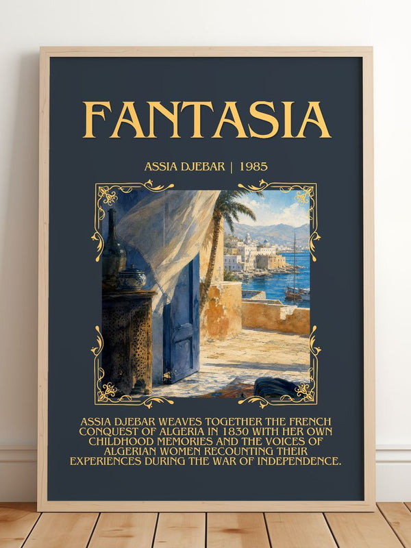 Fantasia Minimalist Book Poster by Assia Djebar – framed print leaning on a wooden floor