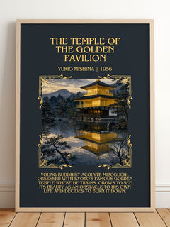 Temple of the Golden Pavilion Minimalist Book Poster by Yukio Mishima – framed print leaning on a wooden floor