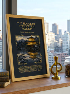 Temple of the Golden Pavilion Minimalist Book Poster by Yukio Mishima – framed print on a city-view windowsill