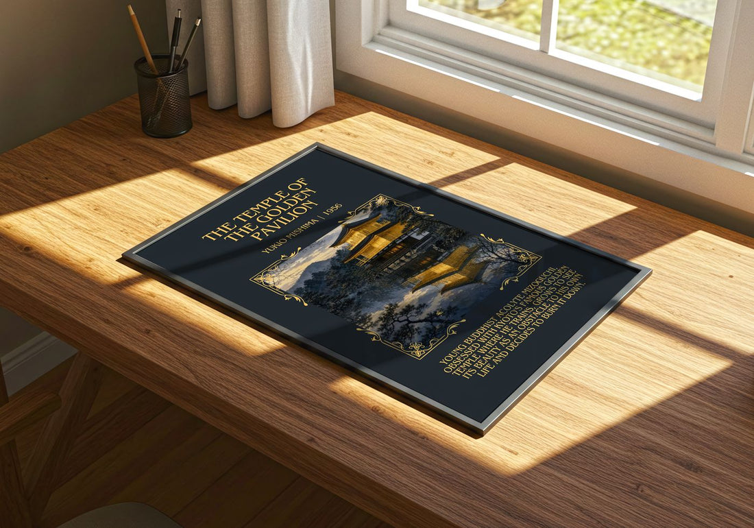 Temple of the Golden Pavilion Minimalist Book Poster by Yukio Mishima – print on a sunlit desk