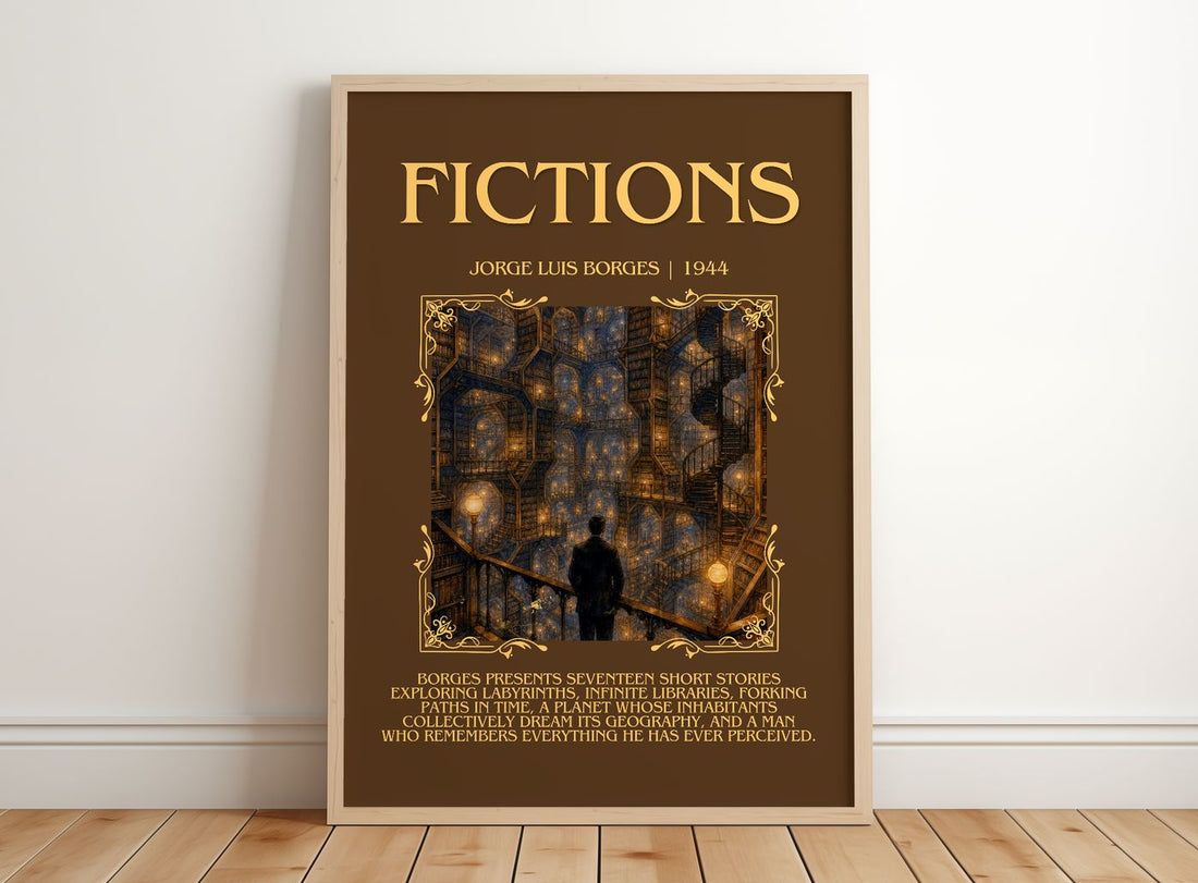 Fictions Minimalist Book Poster by Jorge Luis Borges – framed print leaning on a wooden floor