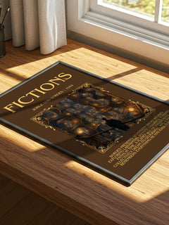 Fictions Minimalist Book Poster by Jorge Luis Borges – print on a sunlit desk