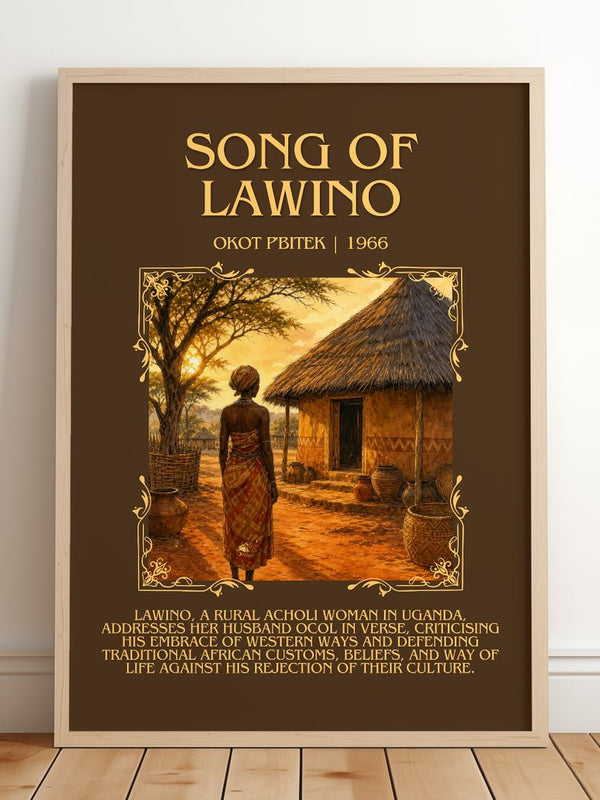 Song Of Lawino Minimalist Book Poster by Okot P'Bitek – framed print leaning on a wooden floor